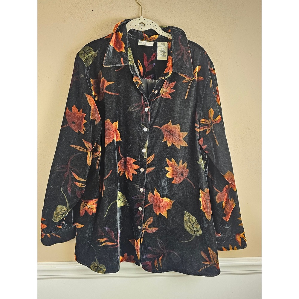 Vintage White Stag Black Velvet Fall Leaf Long Sleeve Button Down Shirt 18 20